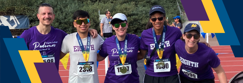 Four eighth college staff and one eighth college student smiling at the Triton 5k walk/run
